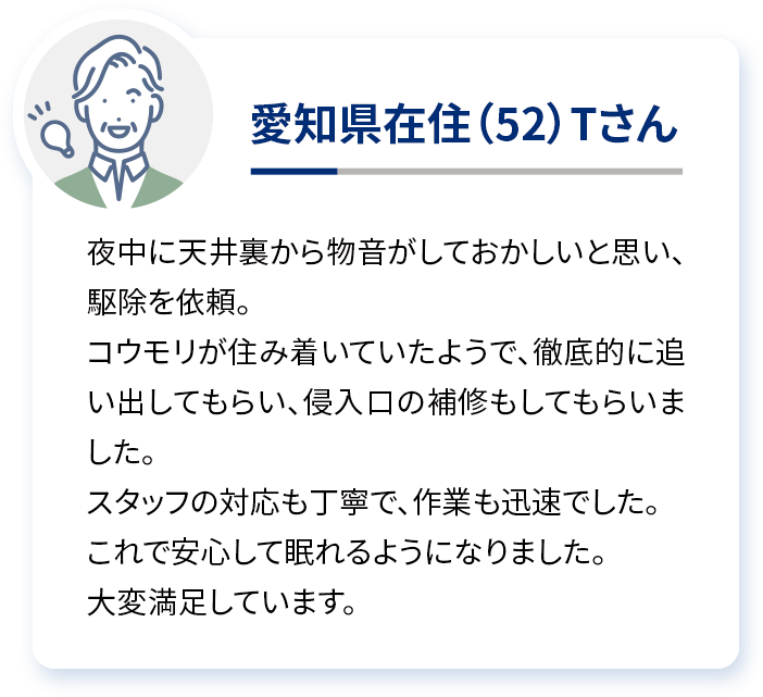 愛知県在住（52）Tさん 中に天井裏から物音がしておかしいと思い、駆除を依頼。コウモリが住み着いていたようで、徹底的に追い出してもらい、侵入口の補修もしてもらいました。スタッフの対応も丁寧で、作業も迅速でした。これで安心して眠れるようになりました。大変満足しています。