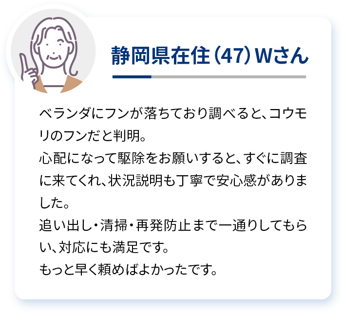 静岡県在住（47）Wさん ベランダにフンが落ちており調べると、コウモリのフンだと判明。心配になって駆除をお願いすると、すぐに調査に来てくれ、状況説明も丁寧で安心感がありました。追い出し・清掃・再発防止まで一通りしてもらい、対応にも満足です。もっと早く頼めばよかったです。