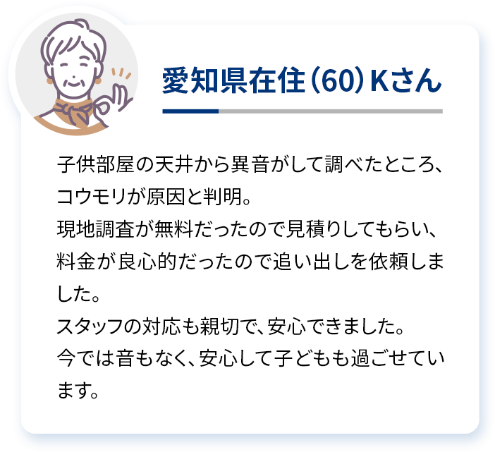 愛知県在住（60）Kさん 子供部屋の天井から異音がして調べたところ、コウモリが原因と判明。現地調査が無料だったので見積りしてもらい、料金が良心的だったので追い出しを依頼しました。スタッフの対応も親切で、安心できました。今では音もなく、安心して子どもも過ごせています。