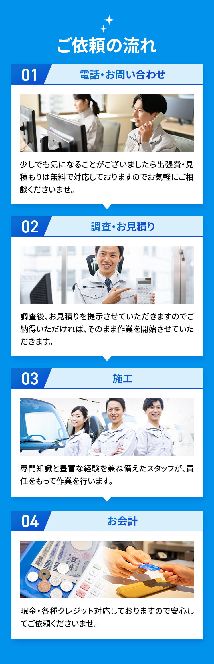 ご依頼の流れ 01電話・お問い合わせ 少しでも気になることがございましたら出張費・見積もりは無料で対応しておりますのでお気軽にご相談くださいませ。02調査・お見積り 調査後、お見積りを提示させていただきますのでご納得いただければ、そのまま作業を開始させていただきます。03施工 専門知識と豊富な経験を兼ね備えたスタッフが、責任をもって作業を行います。04お会計 現金・各種クレジット対応しておりますので安心してご依頼くださいませ。